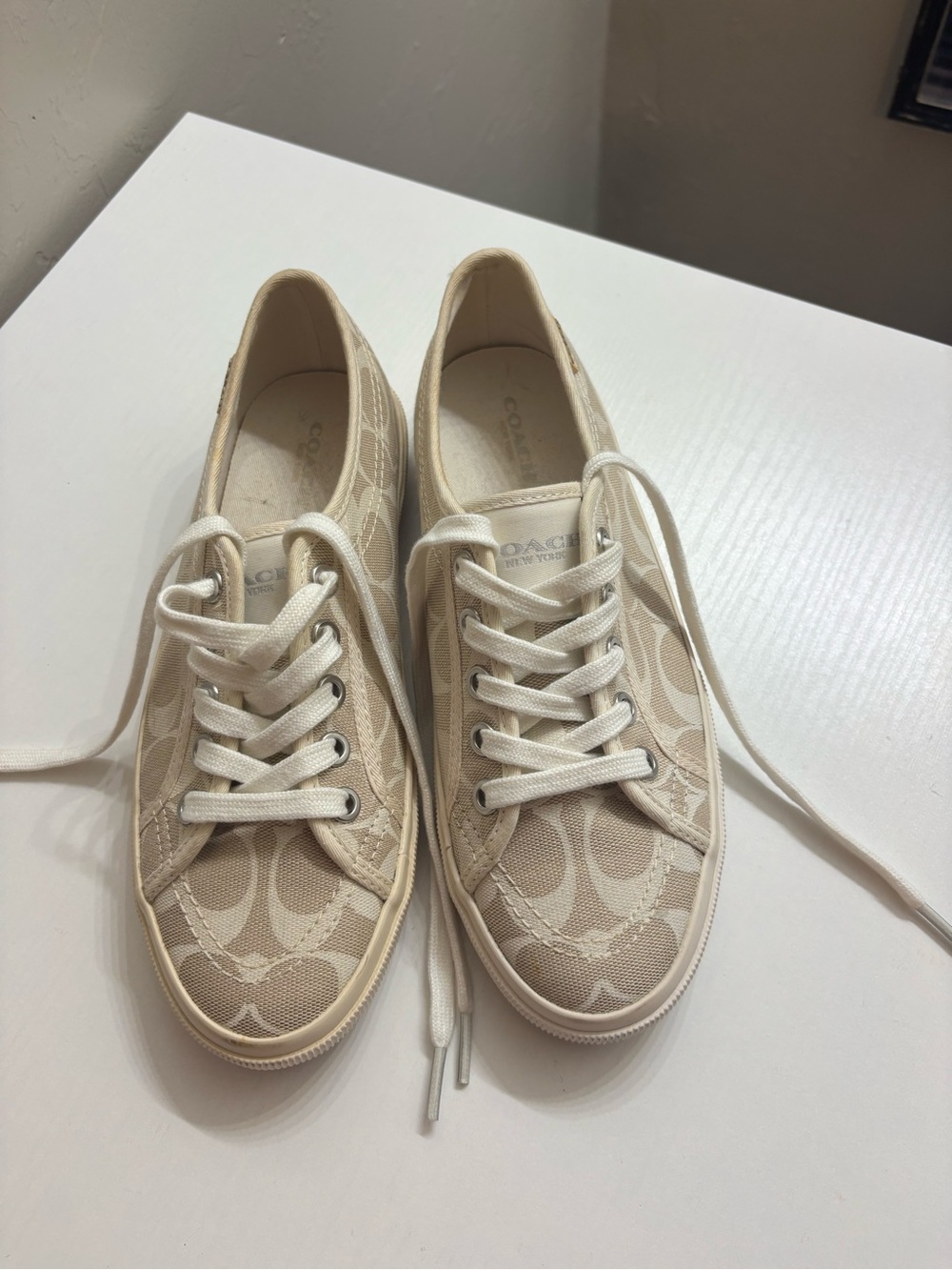 Coach Beige Signature Canvas Lace-Up Sneakers